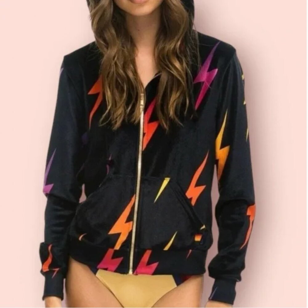 Aviator Nation Hoodie Full Zip Velvet Velour Lightning Bolt Repeat Black